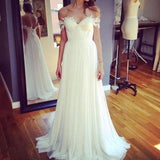A Line Chiffon Sweetheart Lace Off the Shoulder Beach Wedding Dresses with Pleats rjerdress