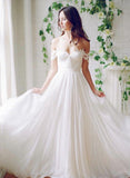 A Line Chiffon Sweetheart Lace Off the Shoulder Beach Wedding Dresses with Pleats rjerdress