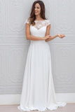 A Line Chiffon White Lace Appliques Cap Sleeve Open Back Scoop Long Wedding Dresses