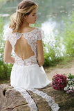 A Line Chiffon White Lace Appliques Cap Sleeve Open Back Scoop Long Wedding Dresses Rjerdress
