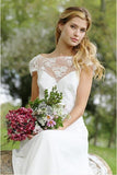 A Line Chiffon White Lace Appliques Cap Sleeve Open Back Scoop Long Wedding Dresses rjerdress