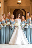 A-Line Cold Shoulder Long Light Blue Chiffon Bridesmaid Dress with Ruffles