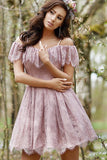 A-Line Cold Shoulder Purple Lace Homecoming Dress with Ruffles Cocktail Dresses H1340