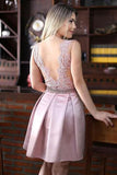 A-Line Crew Above-Knee Pink Satin Sleeveless Homecoming Dress with Appliques Beading RRJS232 Rjerdress