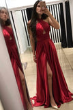 A-Line Cross Neck Floor-Length Sleeveless Dark Red Prom Dresses UK with Split Keyhole rjs325 Rjerdress