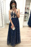 A Line Dark Blue Scoop Neck Sleeveless Sequins Long Prom Dresses, Floor Length Evening Dresses