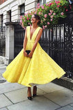 A-Line Deep V-Neck Cute Yellow Tea Length Sleeveless Open Back Lace Cocktail Dresses UK RJS475 Rjerdress