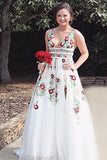 A Line Deep V Neck Ivory Lace Backless Embroidery Prom Dresses With Printed Rjerdress