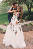 A Line Deep V Neck Ivory Lace Backless Embroidery Prom Dresses With Printed rjerdress