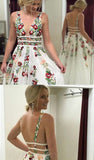 A Line Deep V Neck Ivory Lace Backless Embroidery Prom Dresses With Printed rjerdress
