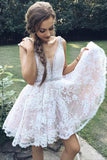 A Line Deep V Neck Ivory Lace Beads Pink Satin Sleeveless Homecoming Dresses