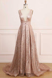 A Line Deep V Neck Long Prom Dress With Sequins, Glitter Sleeveless Evening Dress Rjerdress