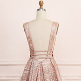 A Line Deep V Neck Long Prom Dress With Sequins, Glitter Sleeveless Evening Dress Rjerdress