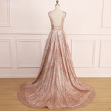 A Line Deep V Neck Long Prom Dress With Sequins, Glitter Sleeveless Evening Dress rjerdress