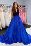A-Line Deep V Neck Royal Blue Sleeveless Taffeta Long Prom Dresses Cheap Evening Dresses