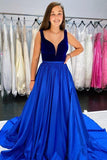A-Line Deep V Neck Royal Blue Sleeveless Taffeta Long Prom Dresses Cheap Evening Dresses Rjerdress