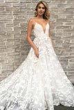 A Line Deep V Neck Spaghetti Straps Wedding Dress With  Lace Appliques rjerdress
