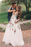 A Line Elegant V Neck Lace Prom Dresses Backless With Floral Rjerdress