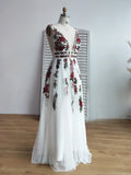 A Line Elegant V Neck Lace Prom Dresses Backless With Floral rjerdress