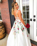 A Line Elegant V Neck Lace Prom Dresses Backless With Floral rjerdress
