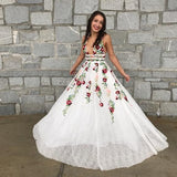 A Line Elegant V Neck Lace Prom Dresses Backless With Floral