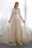A Line Floor Length Floral Prom Dresses 3/4 Sleeves, Empire Waist Long Evening Gowns Rjerdress
