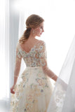 A Line Floor Length Floral Prom Dresses 3/4 Sleeves, Empire Waist Long Evening Gowns rjerdress
