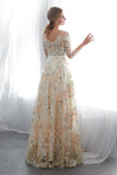 A Line Floor Length Floral Prom Dresses 3/4 Sleeves, Empire Waist Long Evening Gowns