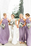 A-Line Floor-Length Lilac Chiffon Pleated Cheap Bridesmaid Dress