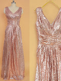 A Line Gliiter Rose Gold Sequins White Chiffon Long Bridesmaid Dresses Rjerdress