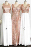 A Line Gliiter Rose Gold Sequins White Chiffon Long Bridesmaid Dresses Rjerdress