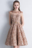 A Line Gold Cap Sleeves Scoop Lace Appliques Keen Length Homecoming Dresses Cocktail Dresses
