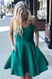 A Line Green Spaghetti Straps V Neck Satin Open Back Homecoming Dresses with Pockets H1299 Rjerdress