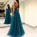 A Line Green V Neck Tulle Open Back Lace Beads Sleeveless Prom Dresses,  Evening Gown With Split Rjerdress