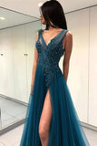 A Line Green V Neck Tulle Open Back Lace Beads Sleeveless Prom Dresses,  Evening Gown With Split