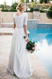 A Line Half Sleeve Ivory Lace with Satin Round Neck Beads Covered Button Cheap Wedding Dresses Rjerdress
