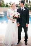 A Line Half Sleeve Ivory Lace with Satin Round Neck Beads Covered Button Cheap Wedding Dresses