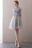 A Line Half Sleeve Lace Short Graduation Dresses High Neck Tulle Homecoming Dresses Rjerdress