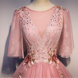 A Line Half Sleeve Pink Ball Gown Long Prom Dresses With Beading & Sequin Quinceanera Dresses Rjerdress