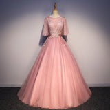 A Line Half Sleeve Pink Ball Gown Long Prom Dresses With Beading & Sequin Quinceanera Dresses Rjerdress