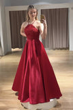 A Line Halter Backless Long Red Satin Lace Sleeveless Prom Dress