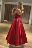 A Line Halter Backless Long Red Satin Lace Sleeveless Prom Dress Rjerdress