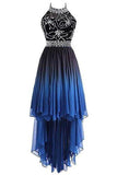 A Line Halter Beaded Blue High Low Chiffon Ombre Lace up Long Prom Dresses RJS303 Rjerdress