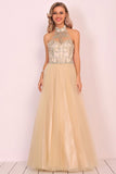 A-Line Halter Formal Dress Floor-Length Tulle With Beads&Rhinestones