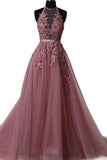 A Line Halter Lace Appliqued See-through Long Beads Lace up Tulle Backless Prom Dresses RJS632 Rjerdress