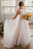 A-Line Halter Neck Ivory Sweep Train Tulle Wedding Dresses With Lace