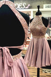 A Line Halter Open Back Chiffon Blush Pink Short Homecoming Dresses with Beading RRJS984 Rjerdress