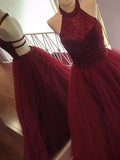 A Line Halter Tulle Burgundy Beads Sleeveless Long Prom Dresses Rjerdress