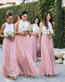 A Line Hatler Pink Chiffon Lace Two Piece Bridesmaid Dresses