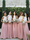 A Line Hatler Pink Chiffon Lace Two Piece Bridesmaid Dresses Rjerdress